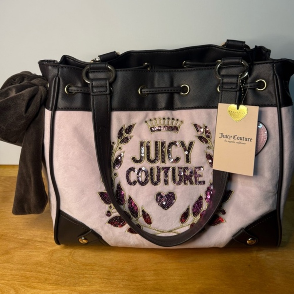 Juicy Couture Daydreamer Tote Blush Pink Velour Black Trim Sequin Crest NWT
